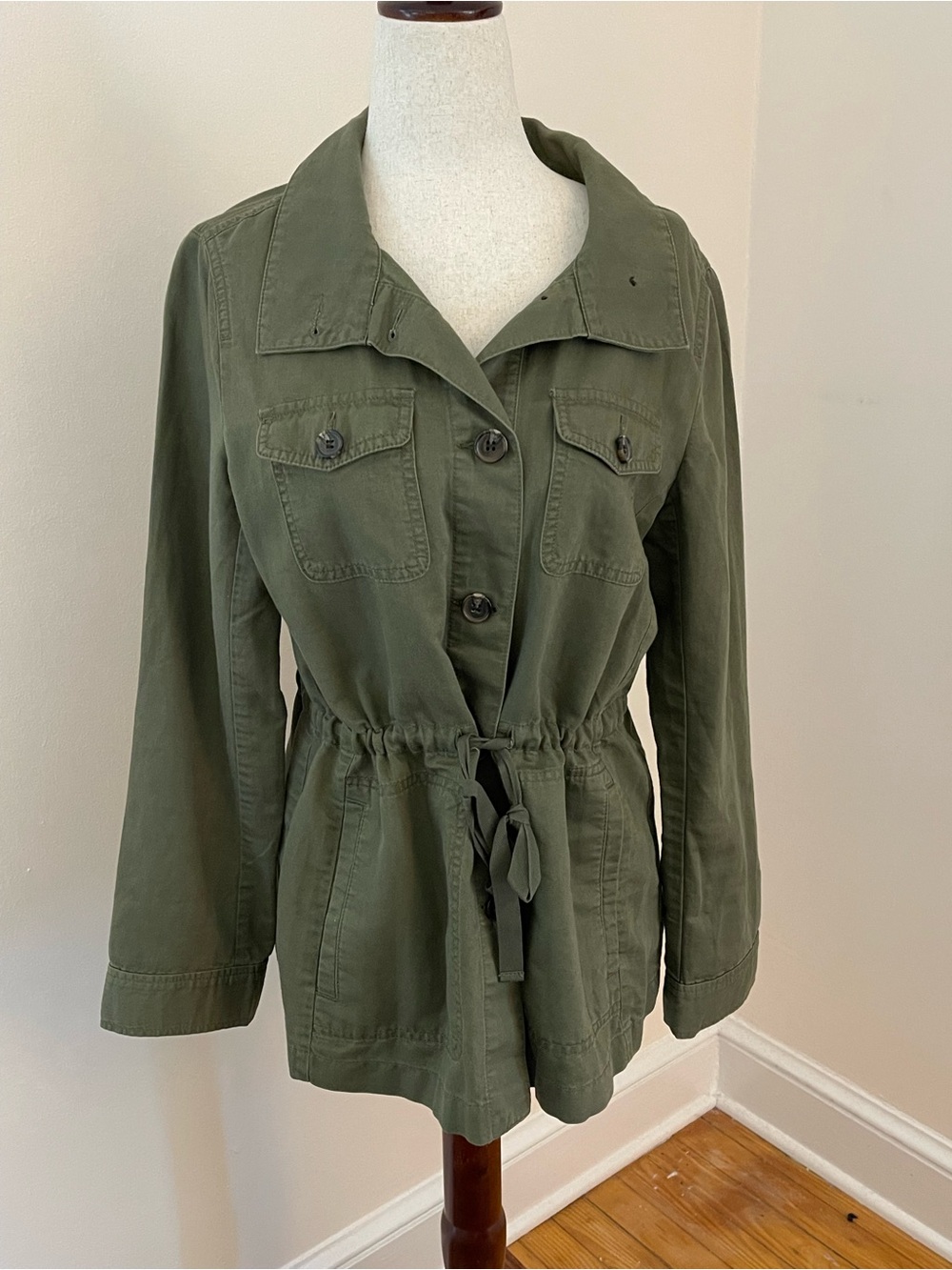 Talbots Olive Green Linen Blend Utility Jacket Small Safari Military Drawstring
